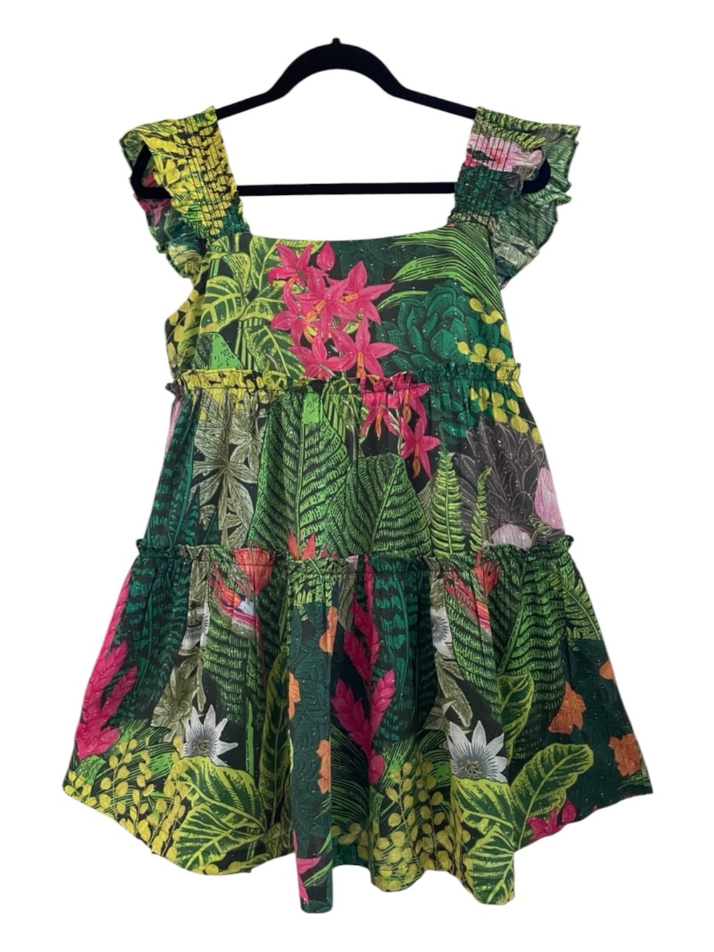 Palms Away Bold Tropical Print Tiered Skirt Smocked Ruffled Straps Mini Dress M